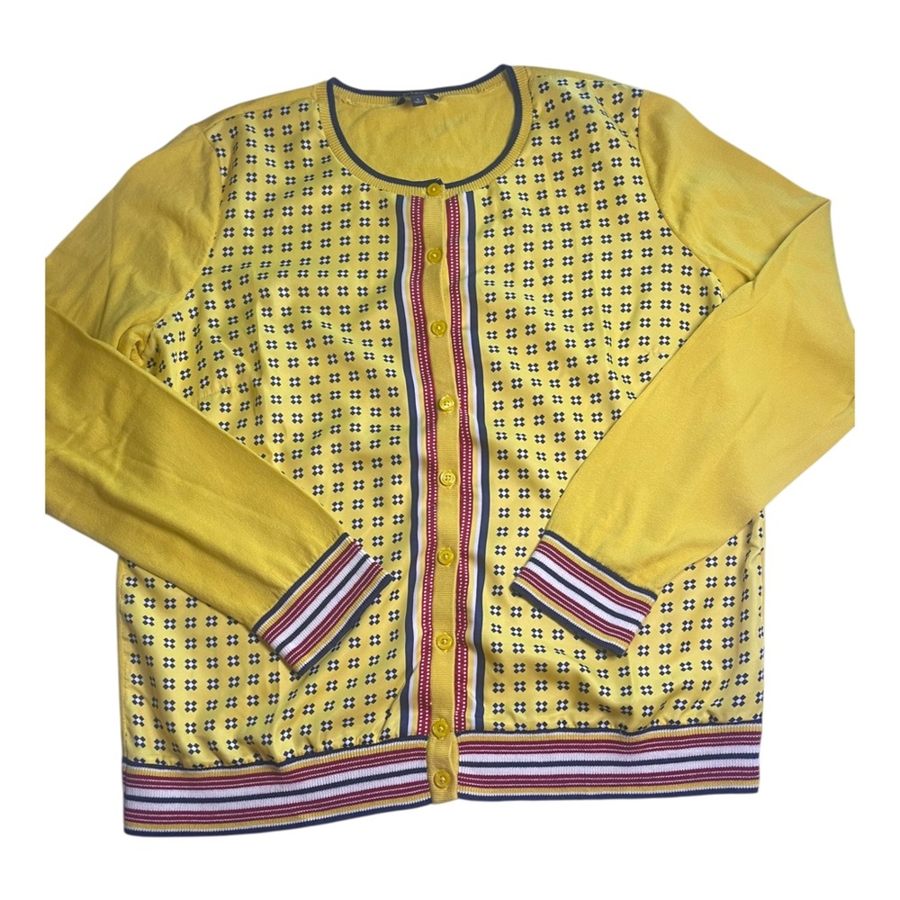 Talbots Yellow Navy Geo Print Cardigan Size Large Striped Ribbed Trim Preppy